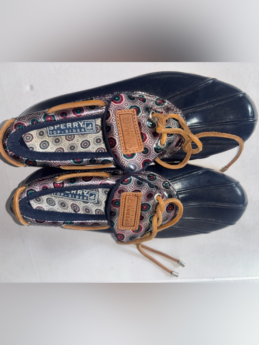 Sperry Top-Sider Saltwater Low Duck Shoes Navy Blue Geometric Trim Size 7